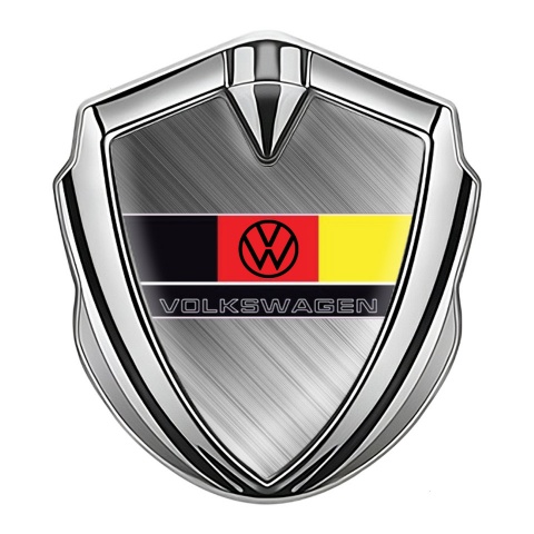 VW Emblem Car Badge Silver Brushed Steel German Tricolor Design