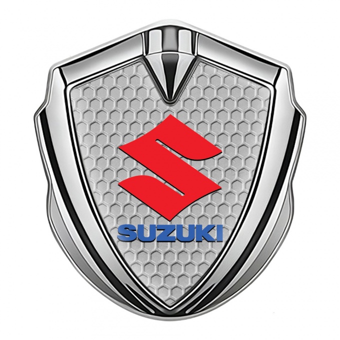 Suzuki Emblem Car Badge Silver Honeycomb Crimson Logo Edition