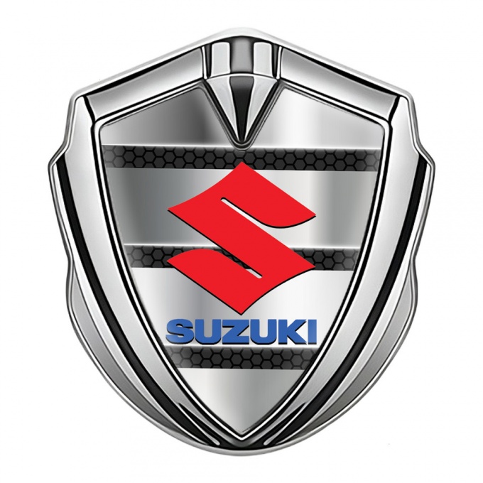 Suzuki Metal Emblem Badge Silver Hex Pattern Crimson Logo Edition