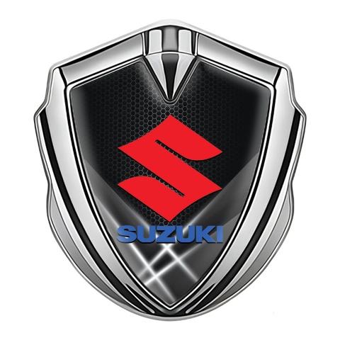 Suzuki Emblem Metal Badge Silver White Hex Crimson Logo Design