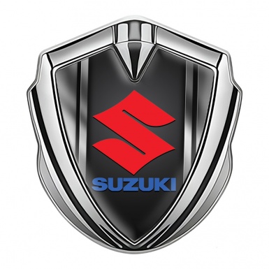 Suzuki Badge Self Adhesive Silver Metallic Frame Crimson Logo Design