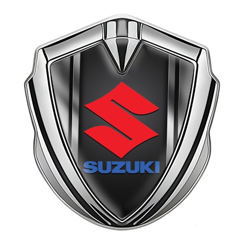 Suzuki Badge Self Adhesive Silver Metallic Frame Crimson Logo Design