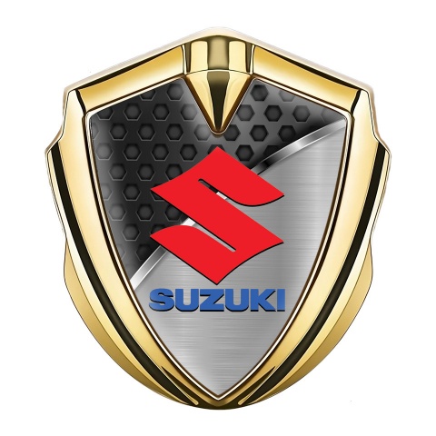 Suzuki Emblem Badge Self Adhesive Gold Hex Pattern Crimson Logo