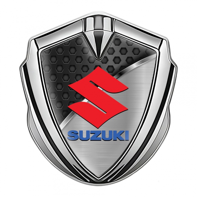 Suzuki Emblem Badge Self Adhesive Silver Hex Pattern Crimson Logo