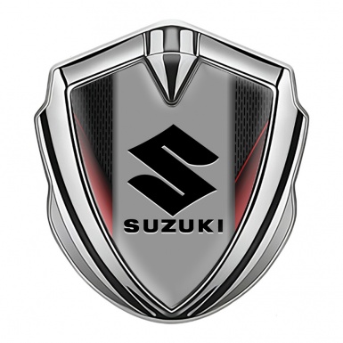 Suzuki Emblem Metal Badge Silver Red Sides Black Logo Edition