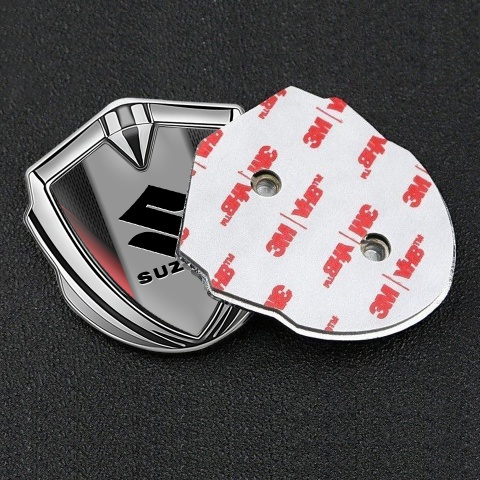 Suzuki Emblem Metal Badge Silver Red Sides Black Logo Edition