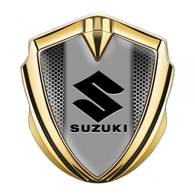Suzuki Metal Domed Emblem Gold Steel Grate Texture Black Logo
