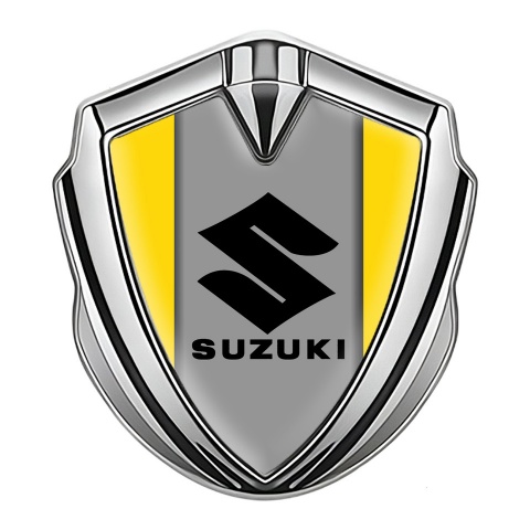 Suzuki Domed Emblem Badge Silver Yellow Print Black Logo Design