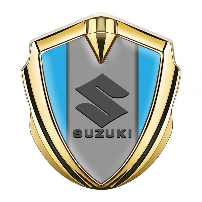 Suzuki Metal Emblem Self Adhesive Gold Sky Blue Base Black Logo