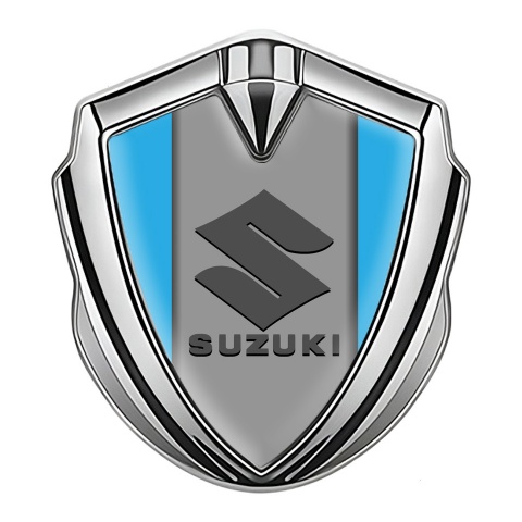 Suzuki Metal Emblem Self Adhesive Silver Sky Blue Base Black Logo
