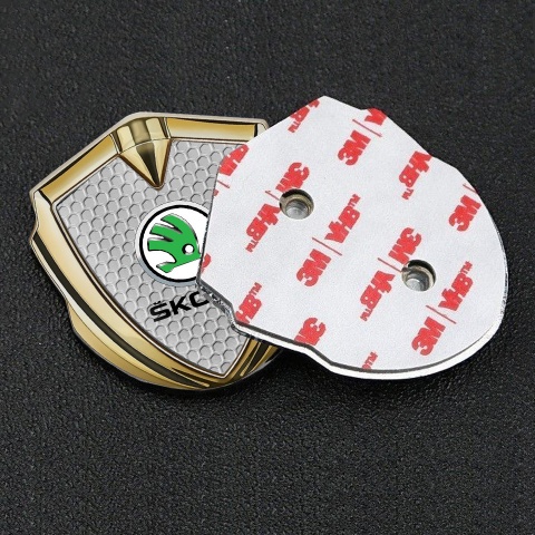 Skoda Emblem Badge Self Adhesive Gold Honeycomb Green Metallic Logo