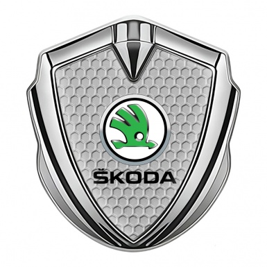 Skoda Emblem Badge Self Adhesive Silver Honeycomb Green Metallic Logo
