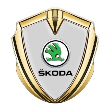 Skoda Emblem Fender Badge Gold Grey Base Green Metallic Logo