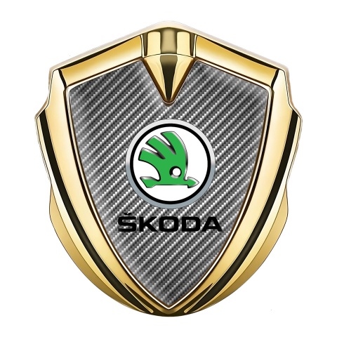 Skoda Fender Emblem Badge Gold Carbon Fiber Green Metallic Logo