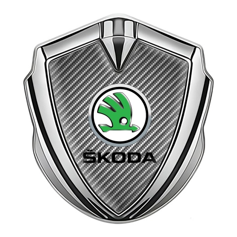 Skoda Fender Emblem Badge Silver Carbon Fiber Green Metallic Logo