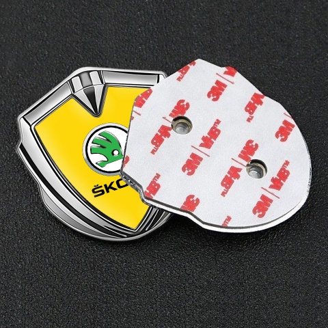 Skoda Emblem Trunk Badge Silver Yellow Fill Green Metallic Logo
