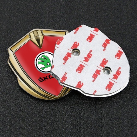 Skoda Emblem Self Adhesive Gold Red Fill Green Metallic Logo