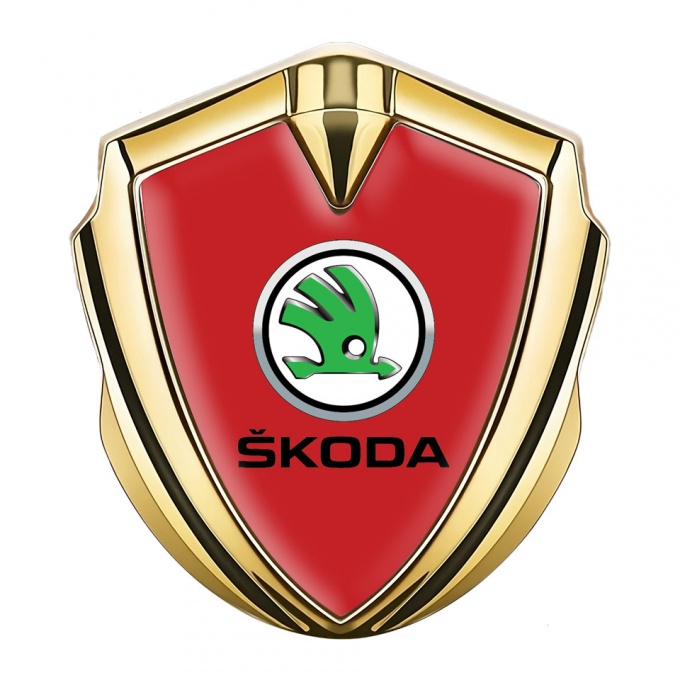 Skoda Emblem Self Adhesive Gold Red Fill Green Metallic Logo
