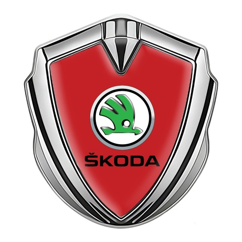 Skoda Emblem Self Adhesive Silver Red Fill Green Metallic Logo