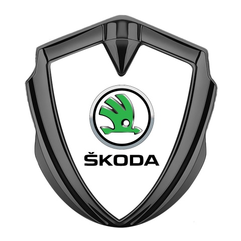 Skoda Metal Emblem Badge Graphite White Fill Green Metallic Logo