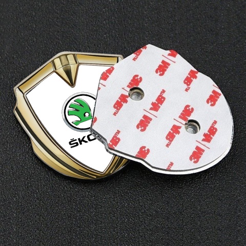 Skoda Metal Emblem Badge Gold White Fill Green Metallic Logo