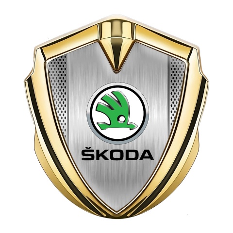 Skoda Domed Emblem Badge Gold Light Steel Mesh Green Metallic Logo