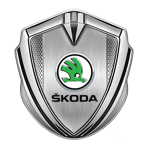 Skoda Domed Emblem Badge Silver Light Steel Mesh Green Metallic Logo