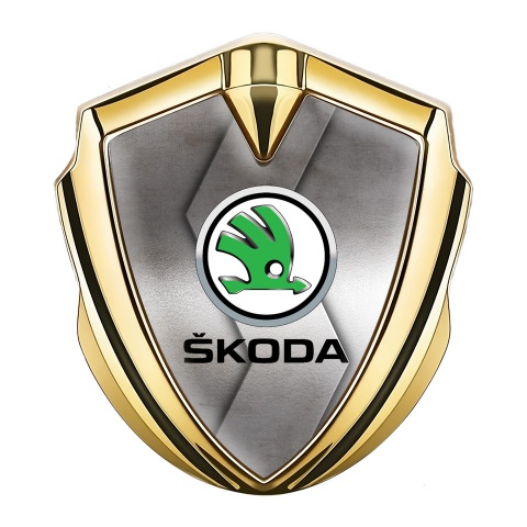 Skoda Emblem Ornament Gold Polished Cut Steel Green Metallic Logo