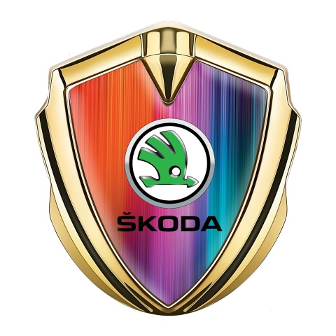 Skoda Bodyside Domed Emblem Gold Color Scheme Green Metallic Logo