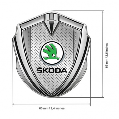 Skoda Emblem Metal Badge Silver Treadplate Motif Green Metallic Logo