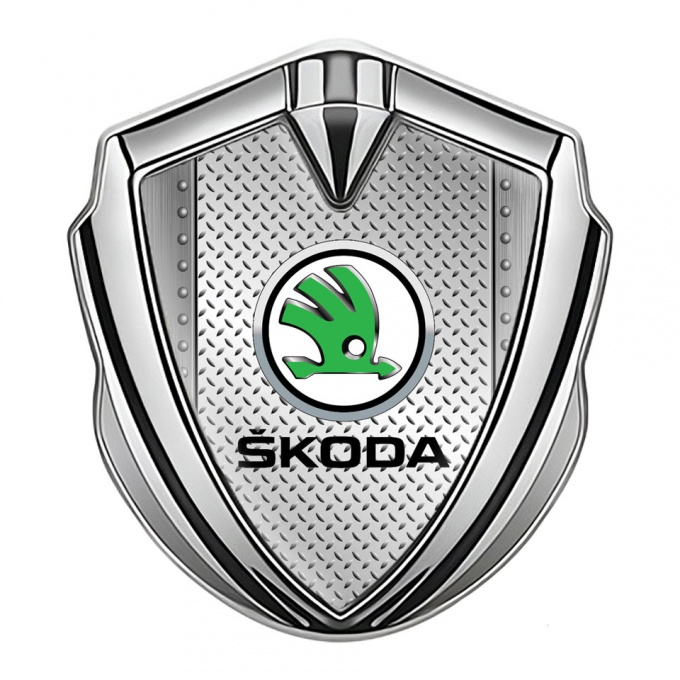 Skoda Emblem Metal Badge Silver Treadplate Motif Green Metallic Logo