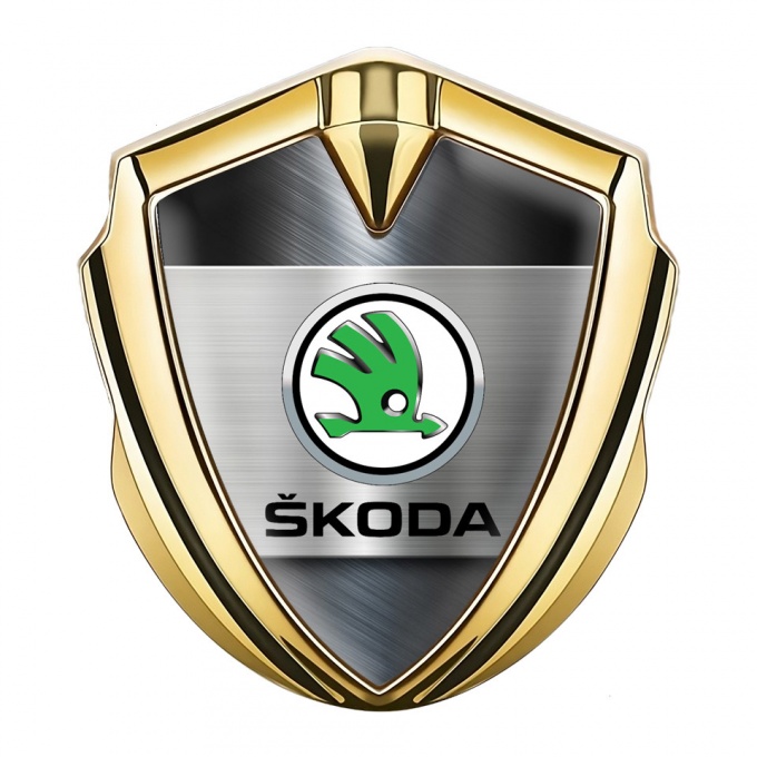 Skoda 3d Emblem Badge Gold Brushed Effect Green Metallic Logo