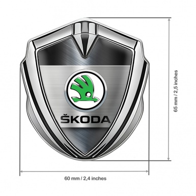 Skoda 3d Emblem Badge Silver Brushed Effect Green Metallic Logo
