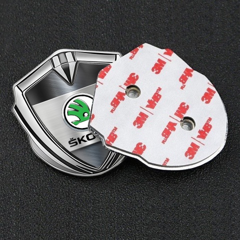 Skoda 3d Emblem Badge Silver Brushed Effect Green Metallic Logo