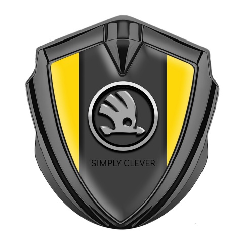 Skoda Metal Domed Emblem Graphite Yellow Base Chrome Logo Edition