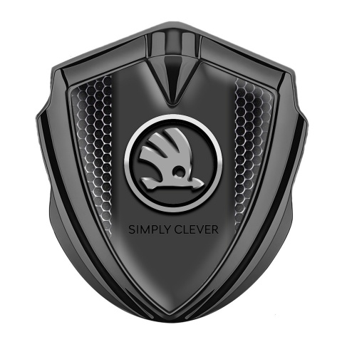 Skoda Emblem Badge Self Adhesive Graphite Dark Mesh Chrome Logo Design