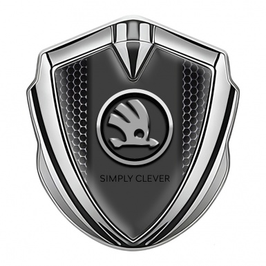 Skoda Emblem Badge Self Adhesive Silver Dark Mesh Chrome Logo Design