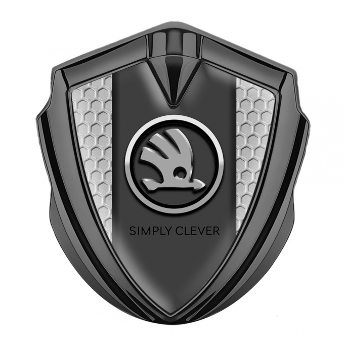 Skoda Metal Emblem Badge Graphite Grey Honeycomb Chrome Logo Motif