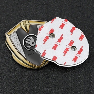 Skoda Metal Emblem Badge Gold Grey Honeycomb Chrome Logo Motif
