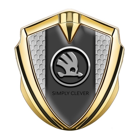 Skoda Metal Emblem Badge Gold Grey Honeycomb Chrome Logo Motif