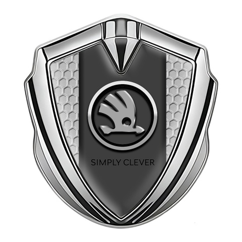 Skoda Metal Emblem Badge Silver Grey Honeycomb Chrome Logo Motif