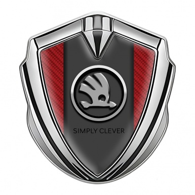Skoda Emblem Ornament Silver Red Carbon Chrome Logo Motif