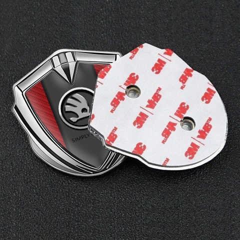 Skoda Emblem Ornament Silver Red Carbon Chrome Logo Motif