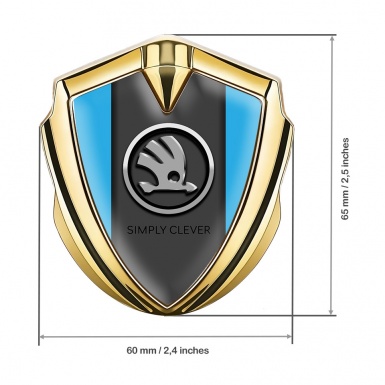 Skoda Emblem Metal Badge Gold Ice Blue Base Chrome Logo Edition