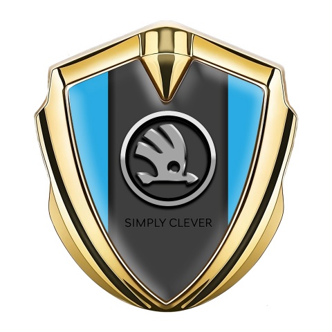 Skoda Emblem Metal Badge Gold Ice Blue Base Chrome Logo Edition