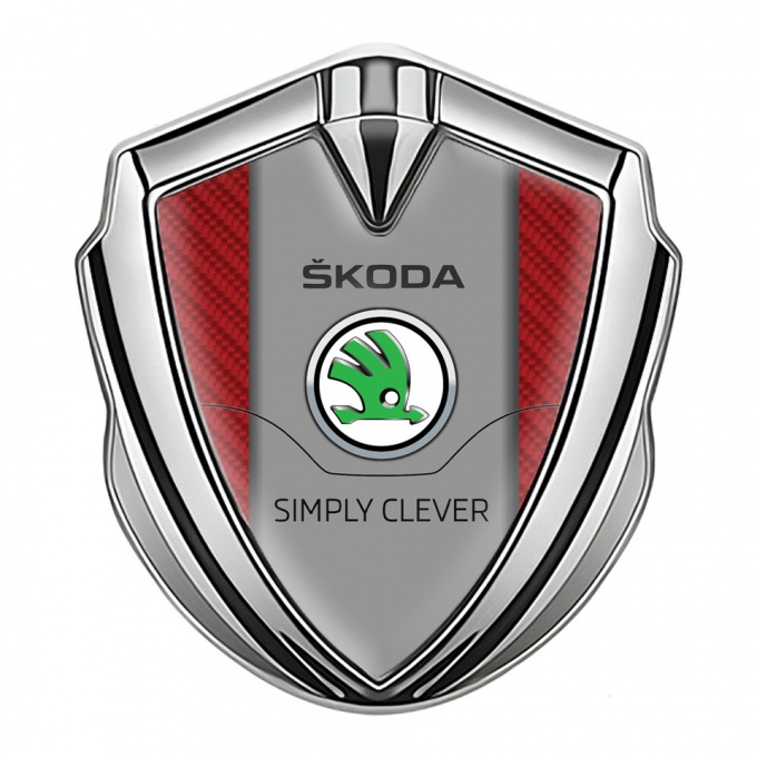 Skoda Emblem Car Badge Silver Red Carbon Classic Logo Design