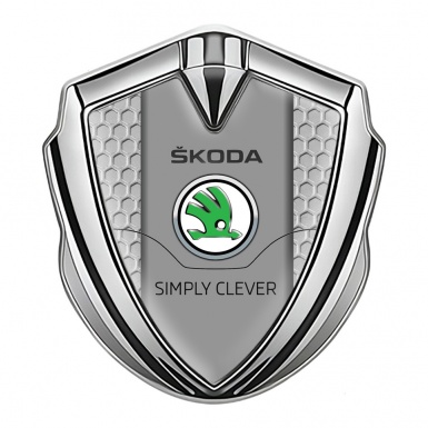 Skoda Badge Self Adhesive Silver Grey Honeycomb Classic Green Logo