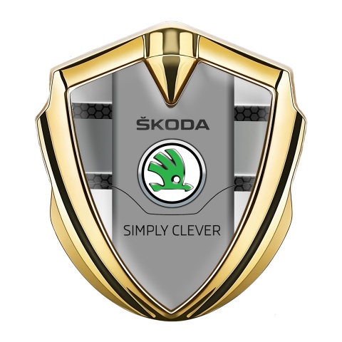 Skoda Emblem Metal Badge Gold Hex Effect Classic Slogan Design
