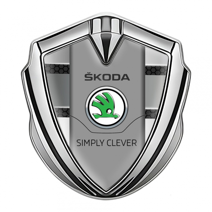 Skoda Emblem Metal Badge Silver Hex Effect Classic Slogan Design