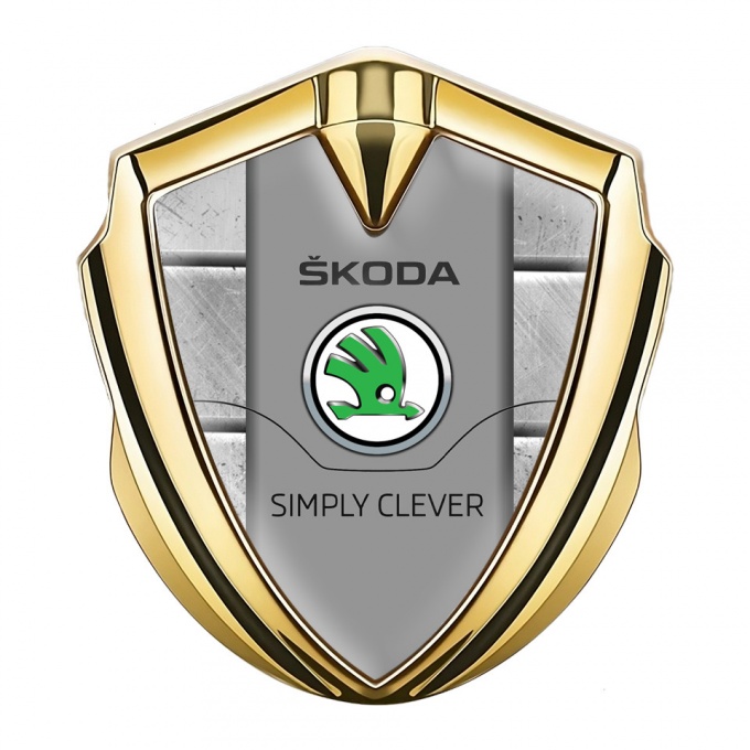 Skoda 3d Emblem Badge Gold Stone Texture Classic Slogan Edition